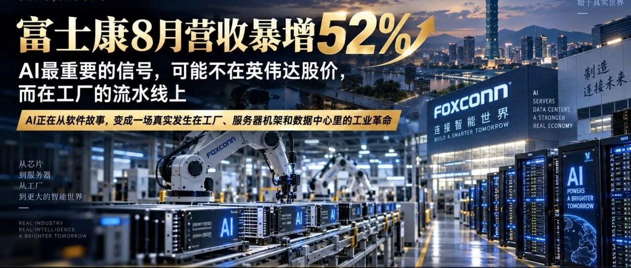 富士康8月营收暴增52%:AI最重要的信号,可能不在英伟达股价,而在工厂的流水线上
